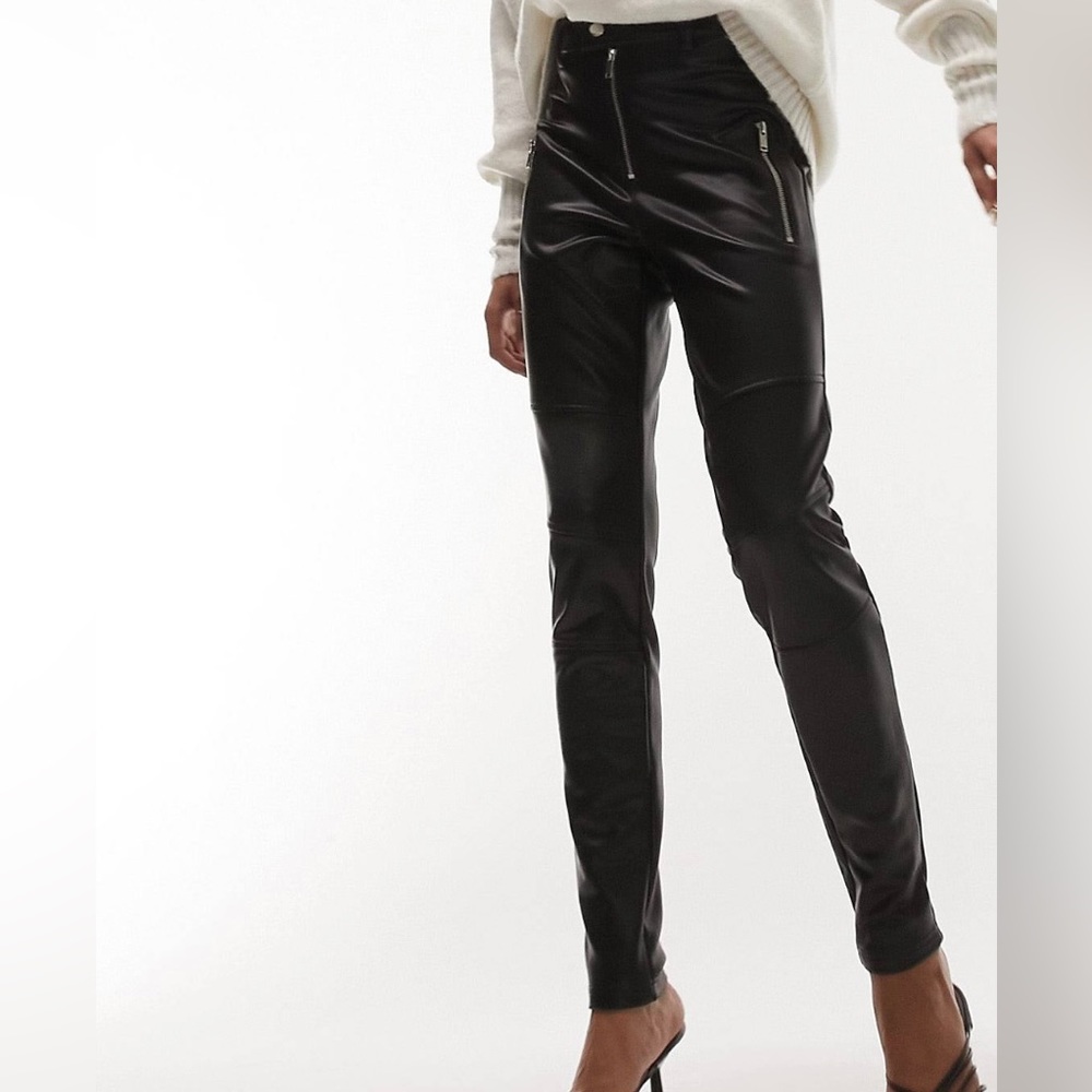 Topshop faux leather moto skinny fit pants with zip in black | Size 4